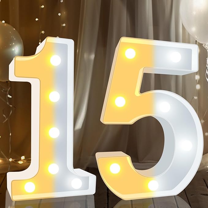 Pooqla 15th Birthday Decoration for Girls Boys, Decorative LED Light Up Numbers, Marquee Numbers 15 Sign for Party Backdrop 15th Wedding Anniversary Decor, Warm White and Cool White Number 15