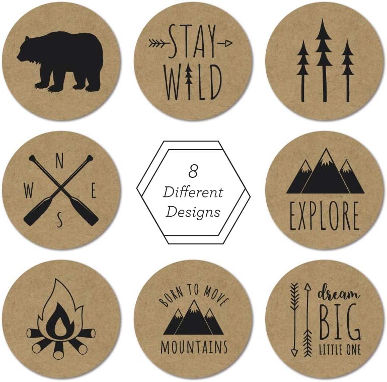 Rustic Mountain Baby Shower Stickers / 8 Adventure Birthday Party Designs / 1.5" Gender Neutral Little One Labels / 500 Party Favor Labels/Made in The USA