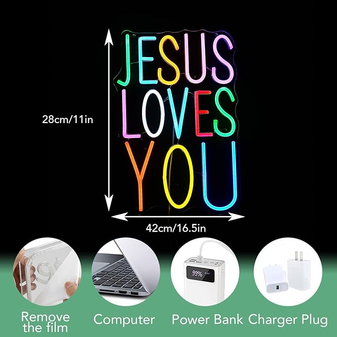 Jesus Loves You Neon sign Colorful Led Letters Sign Neon Light for Wall Decor Dimmable Jesus Light Up Sign for Home Christ Church Wedding Birthday Party Decor(USB Power)