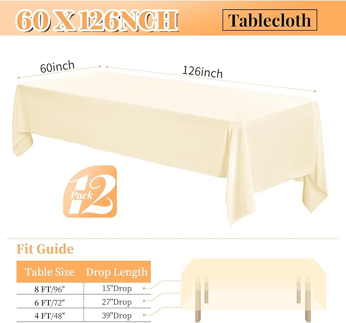 12 Pack 60 x 126 Inch Tablecloth, Beige Polyester Tablecloth for 8 Ft Rectangle Tables, Washable Fabric Table Cover for Wedding Party Dining Buffet Parties or Camping