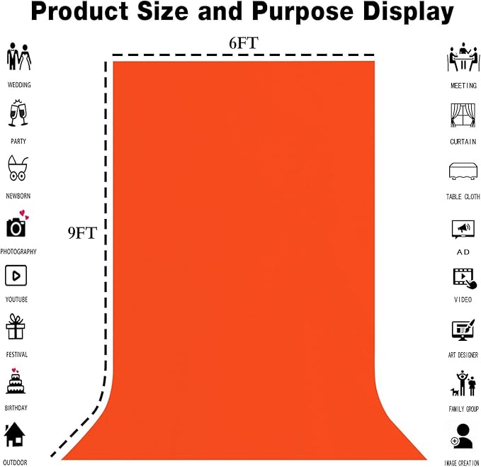 6x9FT Pure Orange Backdrops Solid Background for Birthday Portrait Photoshoot Advertising Shooting