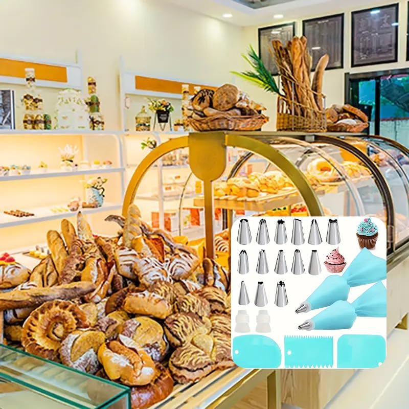21 Pcs Reusable Piping Bags and Tips Set, Cake Decorating Tips Set with 14 Stainless Steel Piping Tips, 2 Pastry Bags, 2 Couplers and 3 Scrapers, Kitchen Accessories for Making Cupcakes, Cookies, Blue