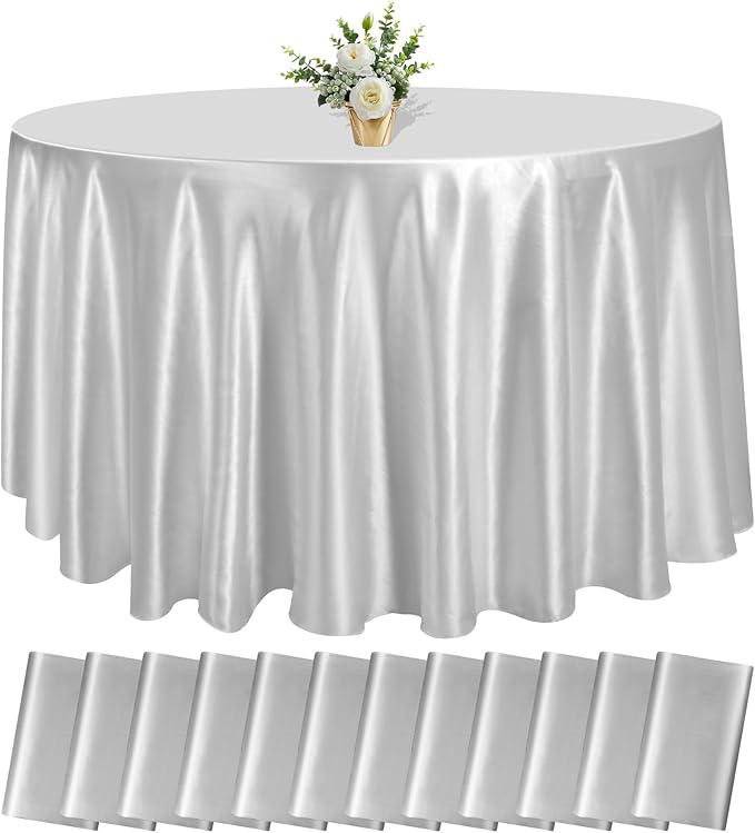12 Pack 120 Inch Silver Satin Tablecloth - Premium Bright Silky Round Tablecloth Overlay Smooth Fabric Table Cover, Table Decoration for Wedding Party Banquet Events Restaurant Kitchen Dining