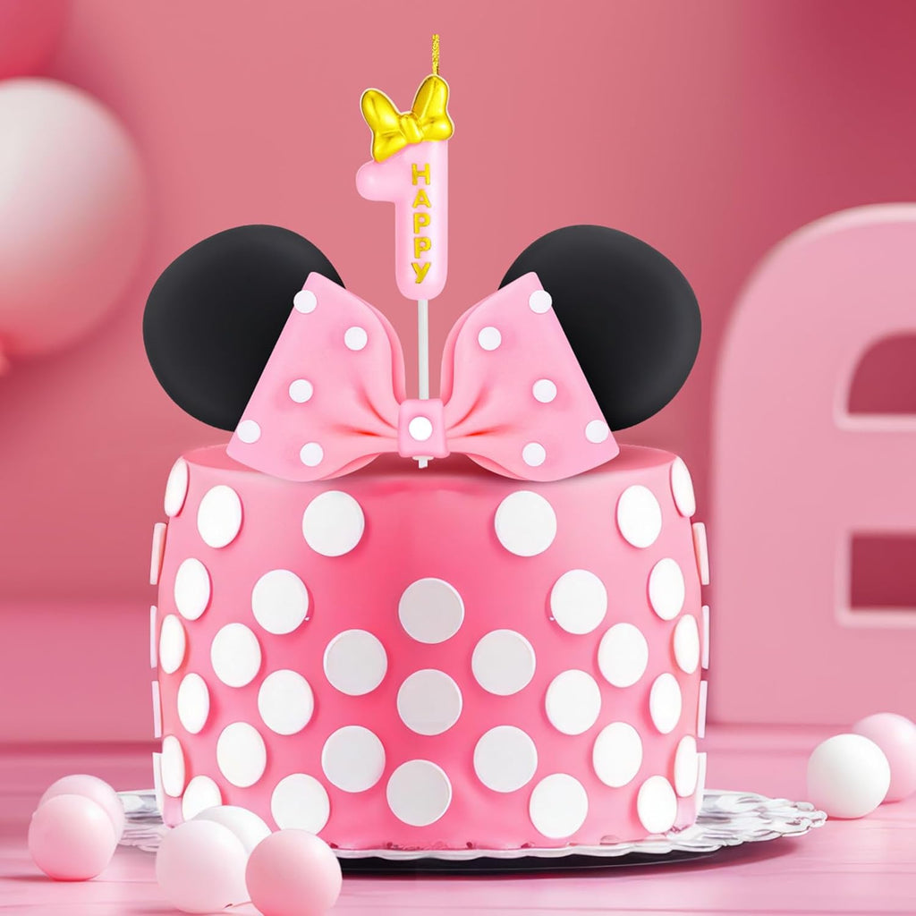 Mouse Cake Candles Topper Pink Bow and Ears Decorations with 20 PCS White Dot Long Candles for Baby Birthday Cake Topper Decor (Number 1)