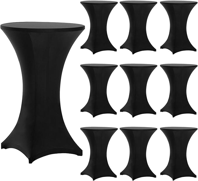 Tina's 10 Pack 30x42 Inch Highboy Spandex Cocktail Table Covers Black, Fitted Stretch Cocktail Tablecloth for Round Tables (10PC 30X42 Black)