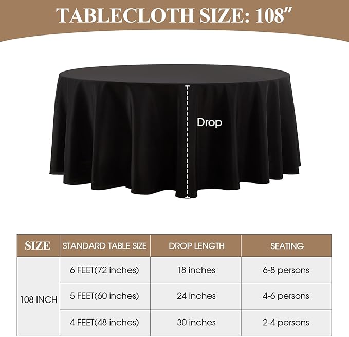 Round Tablecloth 10 Pack 108 Inch Black Tablecloths Washable Decorative Linen Polyester Table Clothes Cover for Dining Table Banquets Buffet Parties and Wedding
