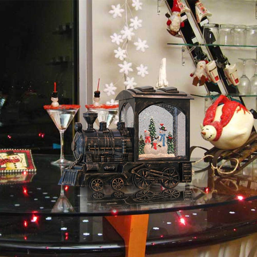 GenSwin Christmas Train Snowman Battery Operated Musical Lighted Water Snowing Glittering Snow Globe Lantern with Timer, Christmas Home Decoration and Gift(Copper)
