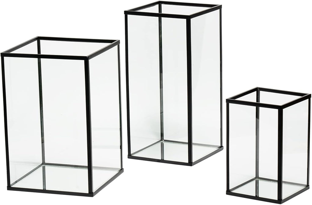 yshengood Large Glass Hurricane Candle Holder Set of 3 PCS, Black Frame and Glass Hurricane Candleholders