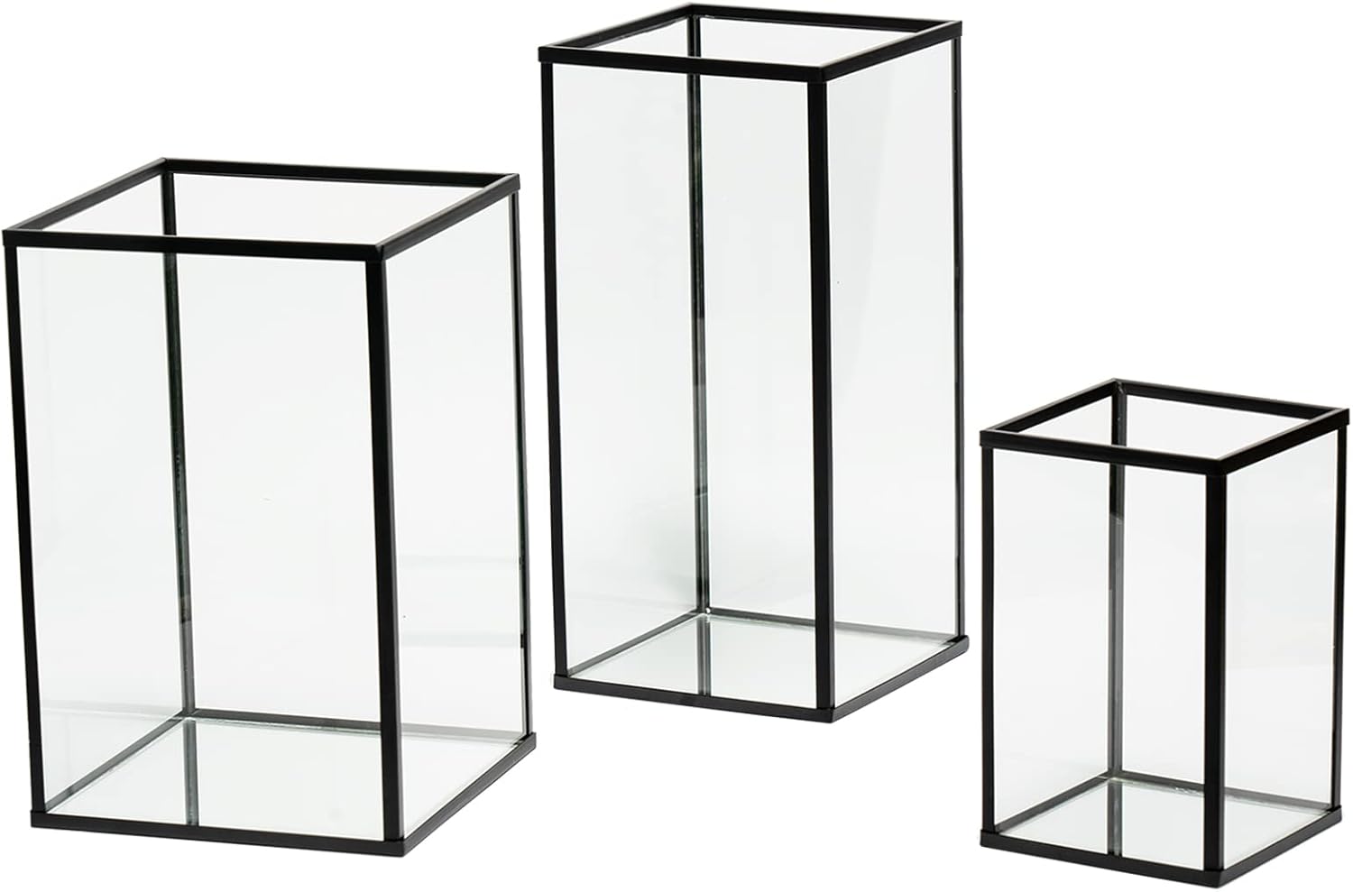 yshengood Large Glass Hurricane Candle Holder Set of 3 PCS, Black Frame and Glass Hurricane Candleholders