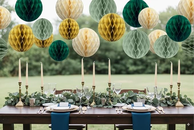 12pcs Sage Green and Gold Paper Honeycomb Balls,6" & 10" Hanging Tissue Pom poms for Birthday Party Decoration