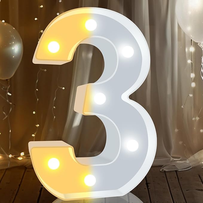 Pooqla LED Light Up Numbers, Warm White and Cool White Decorative Lighted Marquee Numbers, Light Up Numbers for Boys Girls Party, Wedding, Bar, Night Light, Room Decor, Birthday Decoration, Number 3