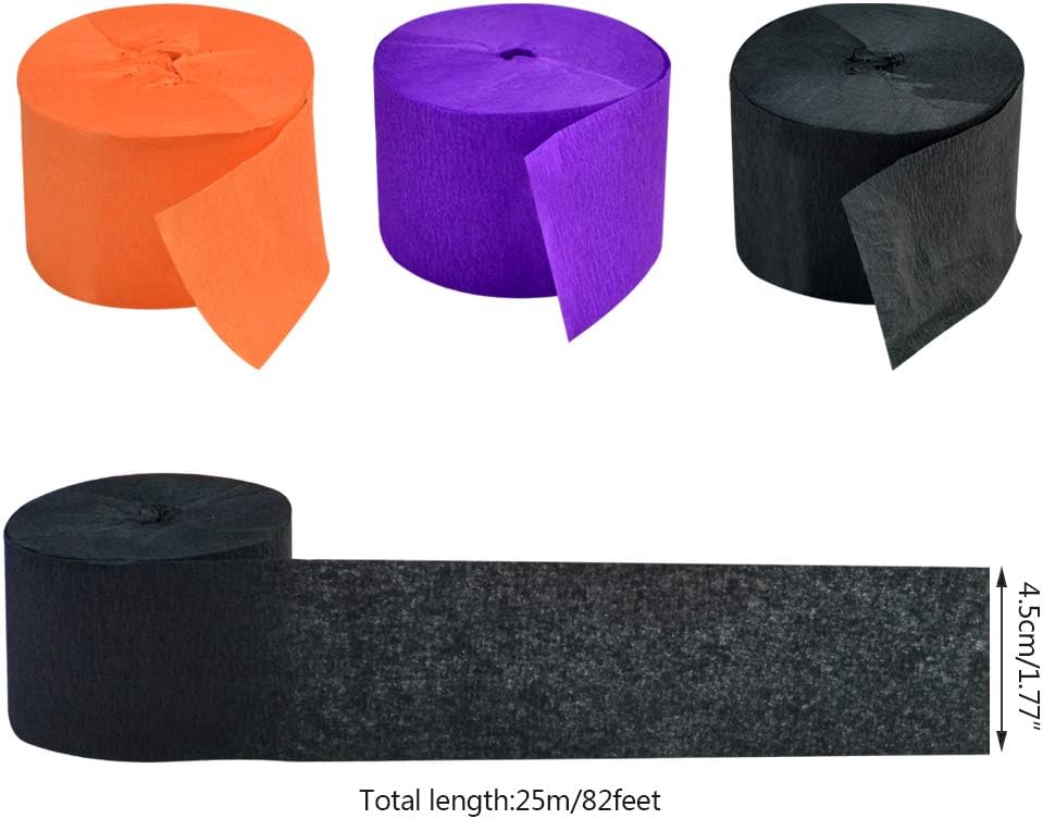 jiebor Crepe Paper Streamers for Halloween Black Orange Purple Crepe Paper Roll Halloween Party Room Wall Decor, 9 Rolls 738 Ft