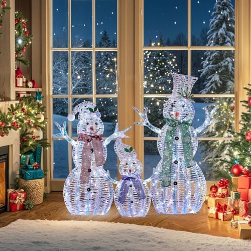 large christmas snowman family decorations with iridescent rattan, side view