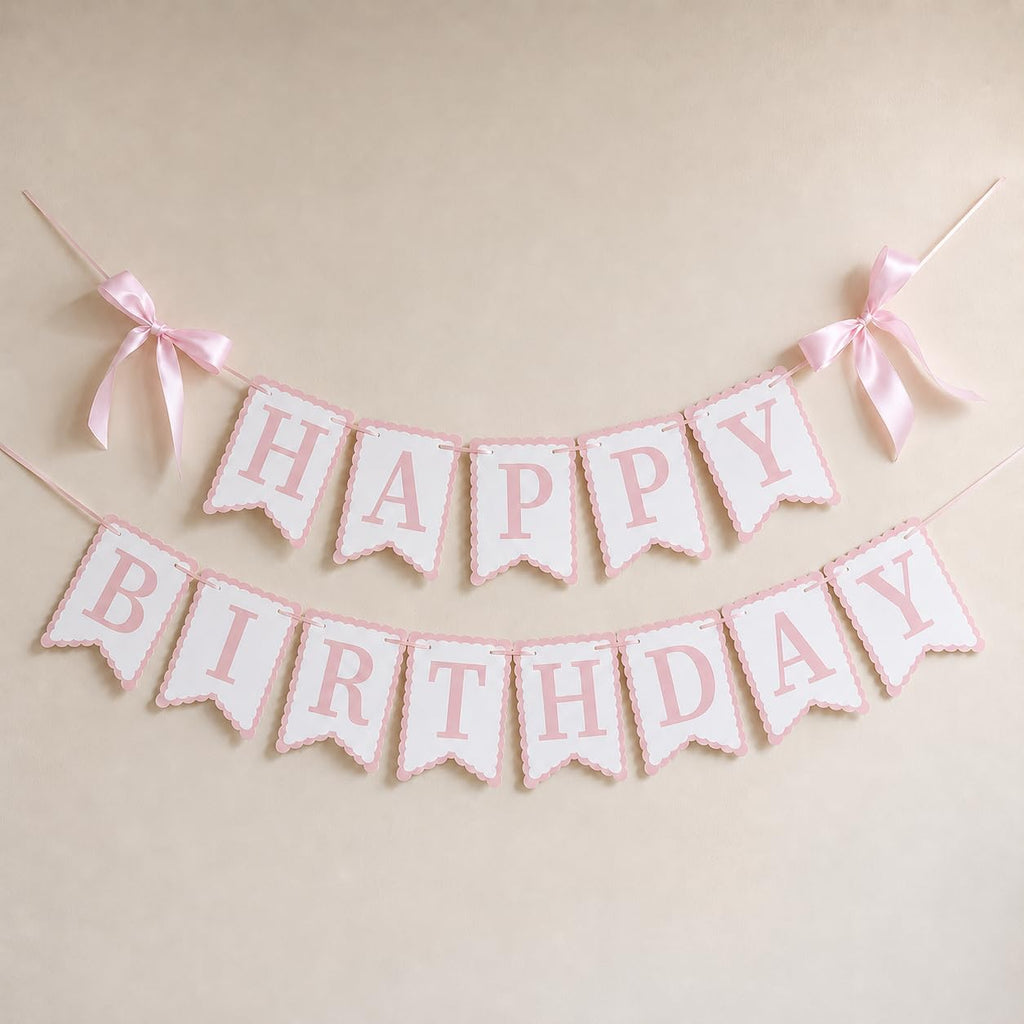 Pink Happy Birthday Banner with Satin Bows, Coquette Bow Birthday Decor | Bow theme party decor for coquette birthdays, cake table displays and photo backdrops.