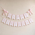 Pink Happy Birthday Banner with Satin Bows, Coquette Bow Birthday Decor | Bow theme party decor for coquette birthdays, cake table displays and photo backdrops.