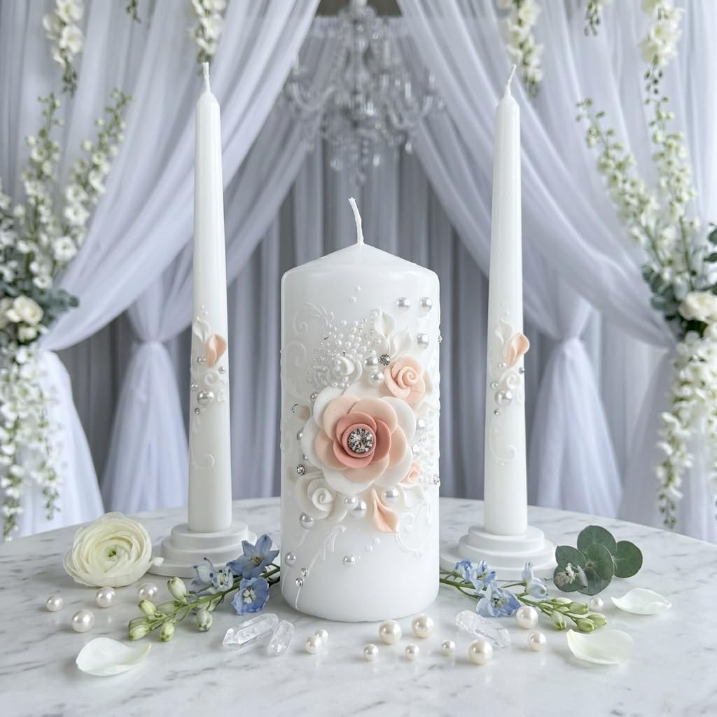 Unity Candle Set - Wedding Ceremony & Reception – 6” Pillar & Two 10” Taper Candles – Long Burning Unity Candles for Marriage Ritual – Handmade in USA – White | Rose