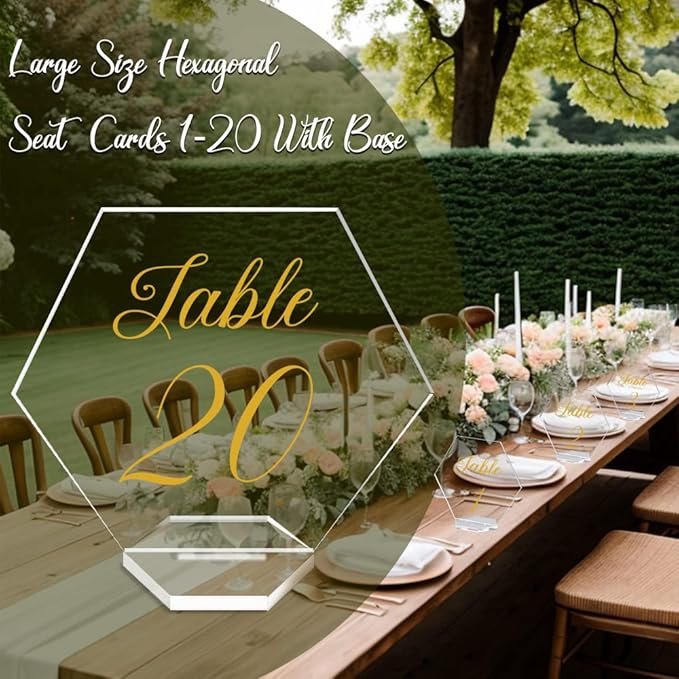 OurWarm Large Acrylic Wedding Table Numbers 1-20, Gold Printed Calligraphy Place Cards with Stand, Hexagon Multi-functional Clear Acrylic Sign and Holder, Ideal for Wedding Reception Events