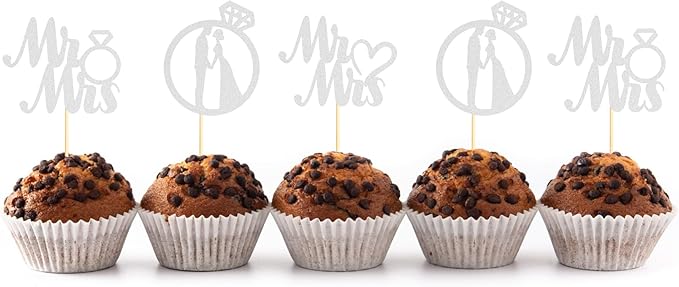 Sotpot 24PCS Miss to Mrs Cupcake Toppers with Ring Silver Glitter for Wedding Bridal Shower Wedding Engagement Party Cake Decorations