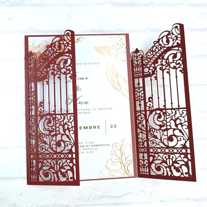 MillaSaw Burgundy Fence Laser Cut Wedding Invitation Card For Marriage Valentine Birthday Party 25 Sets (burgundy, 4.9"x7.1")
