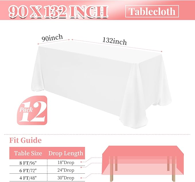 12 Pack Polyester Rectangle Tablecloth 90 x 132 Inch White Tablecloth for 6 Ft Rectangle Tables,Washable Fabric Table Covers Polyester Table Clothes for Wedding Parties Banque