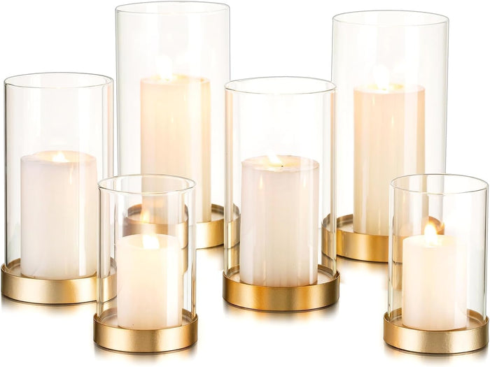 Hewory Hurricane Candle Holder for Pillar Candles: Gold Votive Candle Holders Set of 6, Glass Hurricane with Metal Candle Plate, Pillar Candle Holder for Table Centerpiece Wedding Holiday Home Decor
