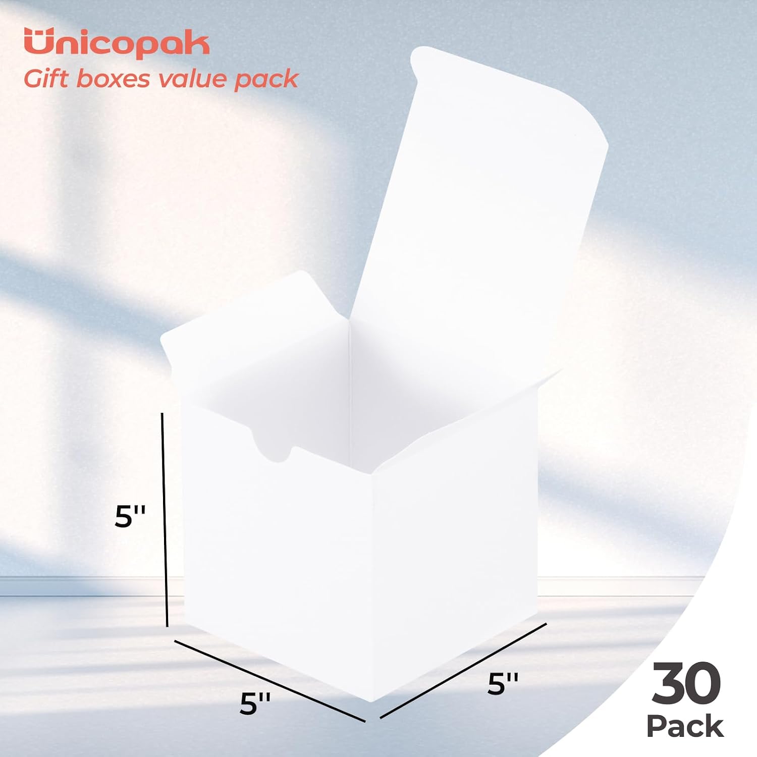 UnicoPak 30 Pack 5x5x5 Gift Boxes, Sturdy Small White Gift Boxes for Presents, Ornaments, Candles, Mugs, Easy Pop-up Assembly, Ideal for Birthday Christmas Party Business