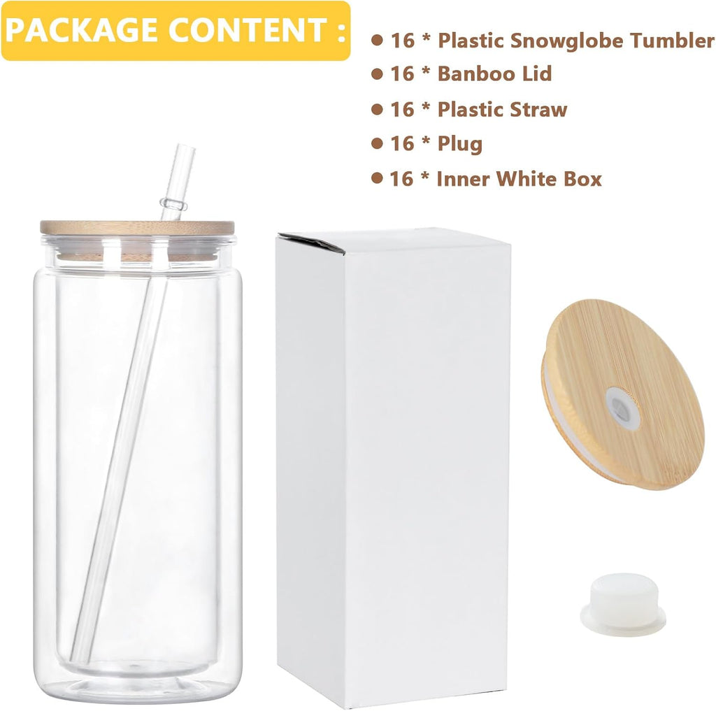 20 Oz Acrylic Snow Globe Tumbler, 16 Pack Pre-Drilled Double Wall Plastic Snowglobe Cup for Glitter Snow Globe Diy, with Bamboo Lid