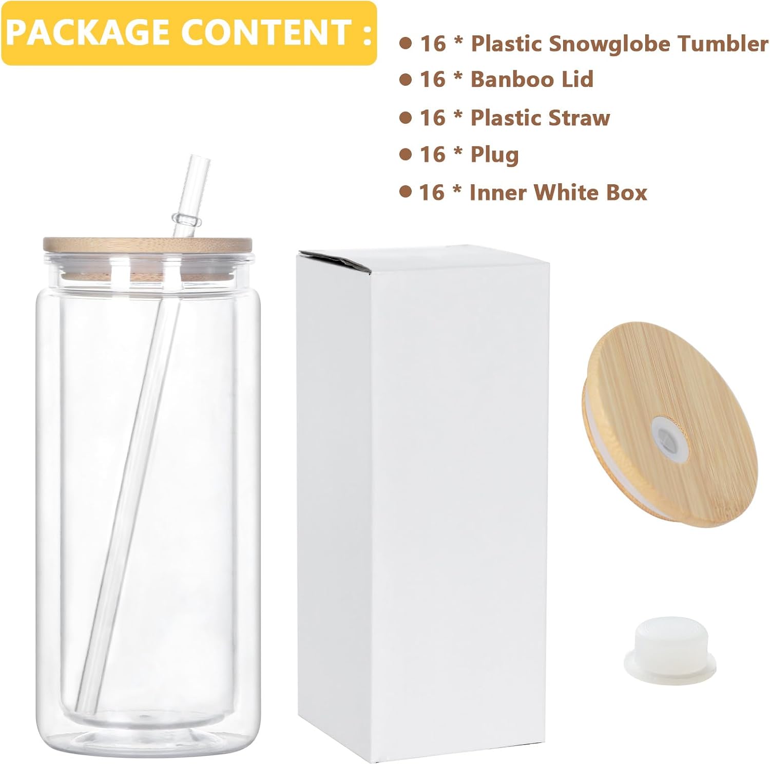 20 Oz Acrylic Snow Globe Tumbler, 16 Pack Pre-Drilled Double Wall Plastic Snowglobe Cup for Glitter Snow Globe Diy, with Bamboo Lid