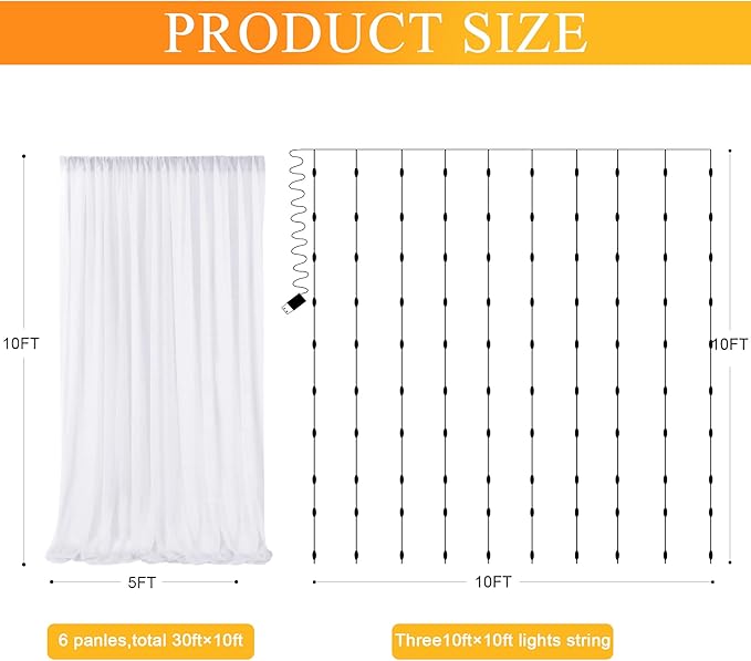 Fomcet Tulle Curtains with Lights String White 30FT X 10FT Sheer Backdrop Curtains for Parties Wedding Baby Shower Photo Shoot Decorations (6 Panels 5 x 10FT)