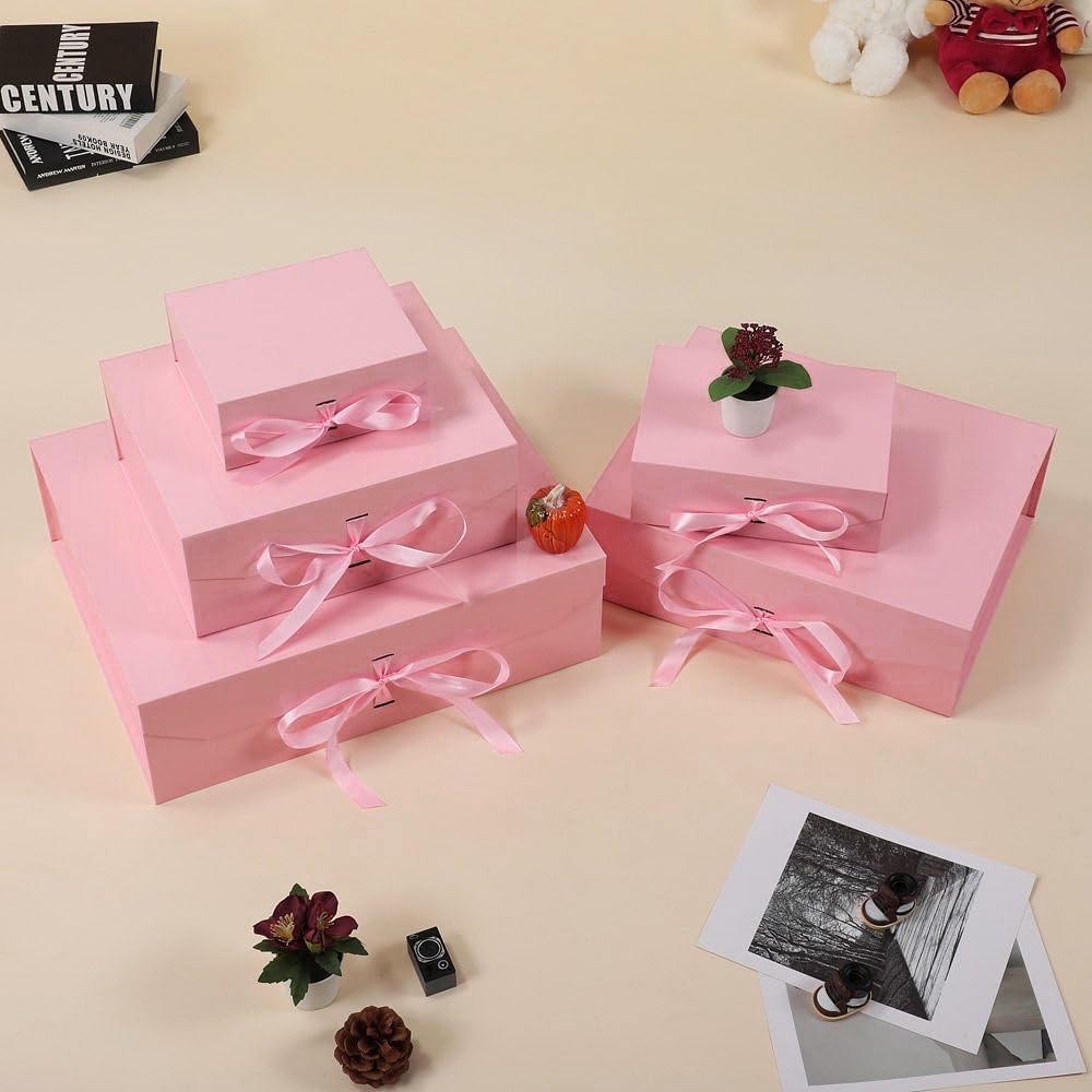 GoooodGift Pink Gift Box with Ribbon 1 Pcs 8x7X3.3 Inch Small Gift Box with Lid Magnetic Closure Rectangle Collapsible Luxury Gift Boxes for Mother's Day、Birthdays、Shredded Paper Filler