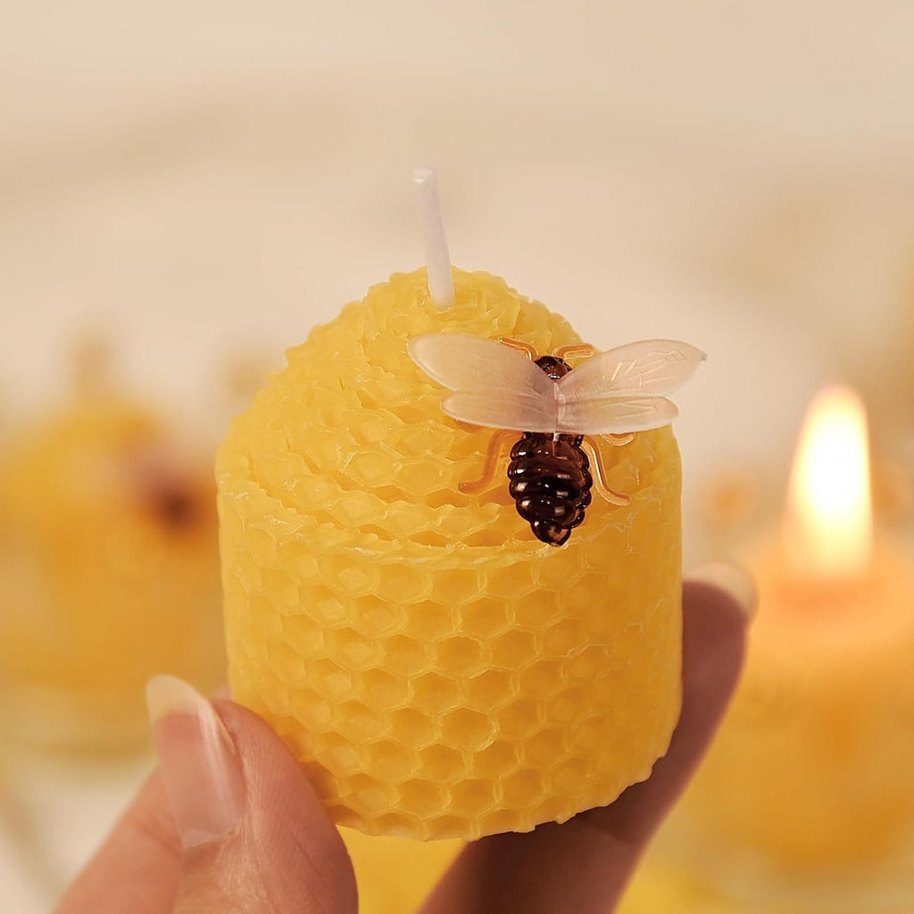 DEYBBY Natural Beeswax Candles Set of 6, Small Bees Wax Votive Candles with Little Bee Decorations as Housewarming Birthday Event Gift Party Favor (Yellow)
