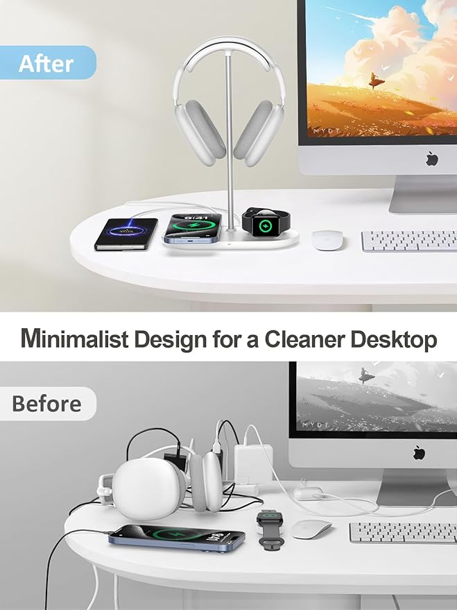 TopMade 5 in 1 Headphone Stand for Desk with Wireless Charger & USB Charging for iPhone/AirPods/iWatch, Universal Desktop Gaming Headset Holder for Airpods Max, Bose, Beats, Razer and More, White