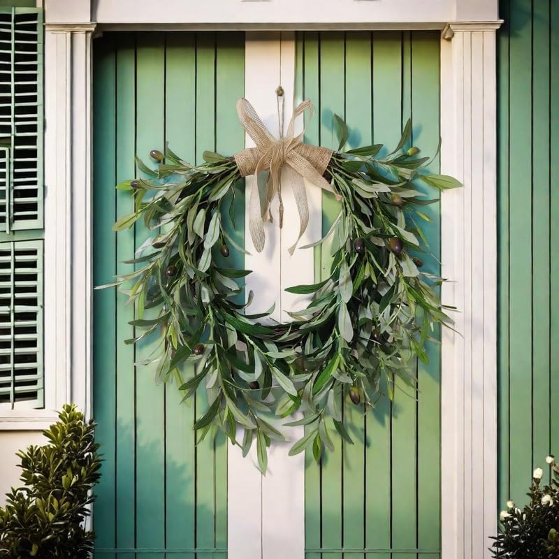 22 inch lifelike faux heart shaped olive wreath shown in use