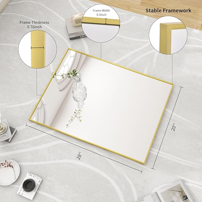 BEAUTYPEAK Gold Bathroom Wall Mirror - 20" x 28" Rectangular Mirror with Metal Frame, Hangs Horizontal or Vertical for Living Room Bedroom Bathroom Entryway