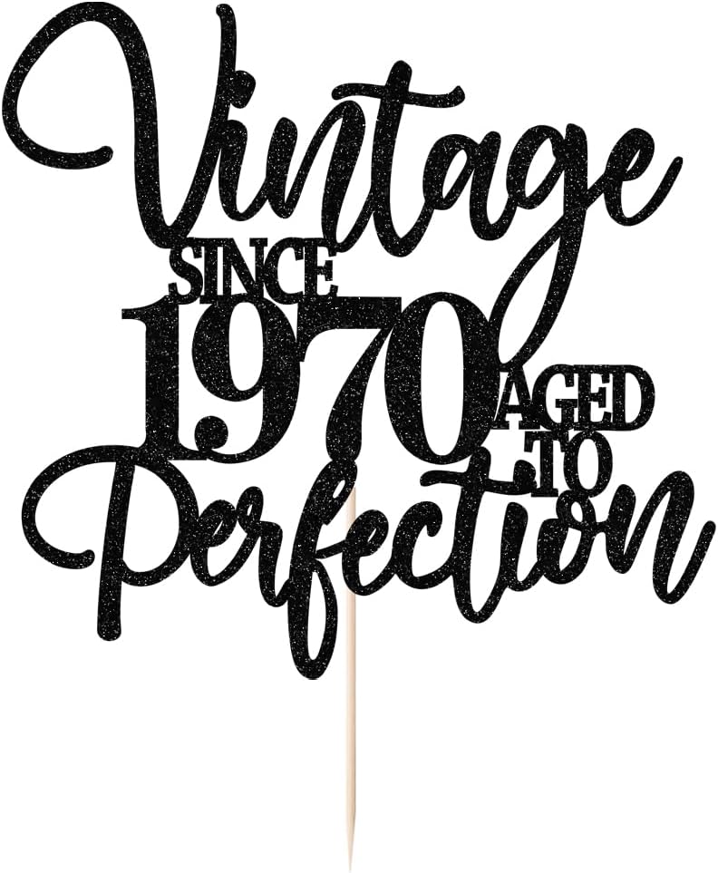 Kaoenla Glitter Vintage Since 1970 Cake Topper, Black Sparkle Aged to Perfection 56th Birthday & Anniversary Party Cake Decoration