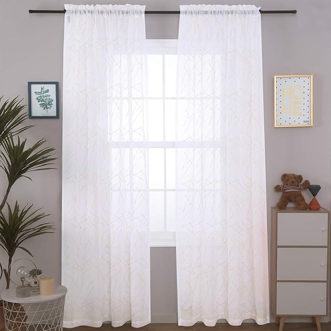 Sheer Beige Curtains 95 Inches Embroidered Branch Patterned Semi Sheer Window Treatments Rod Pocket Voile Curtain Panels for Living room, Bedroom, Yard, Patio, Villa, Parlor, Set of 2, 52"x95".