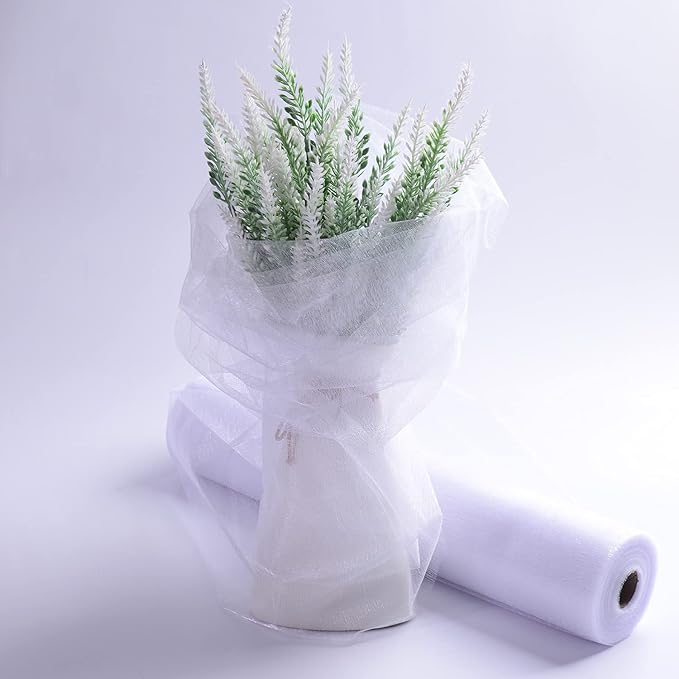 Crystal Organza Fabric Tulle - 16" by 50 Yards Sheer Fabric for Wedding Party Decoration Bridal Shower Tutu Roll Netting Spool Ribbon Wrapping (White)