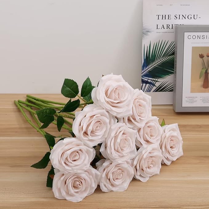 Artificial Rose 10pcs Open Flower Bouquet Faux Rose Stems for Wedding Arrangement, Bridal Bouquet, Centerpiece, Fake Faux Silk Flowers (Nude)