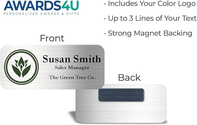 Custom Name Tag with Logo - Personalized Name Badge with Magnet Backing - Choose Your Size and Color (Silver Metal 3"x1.25" - Logo on Left)