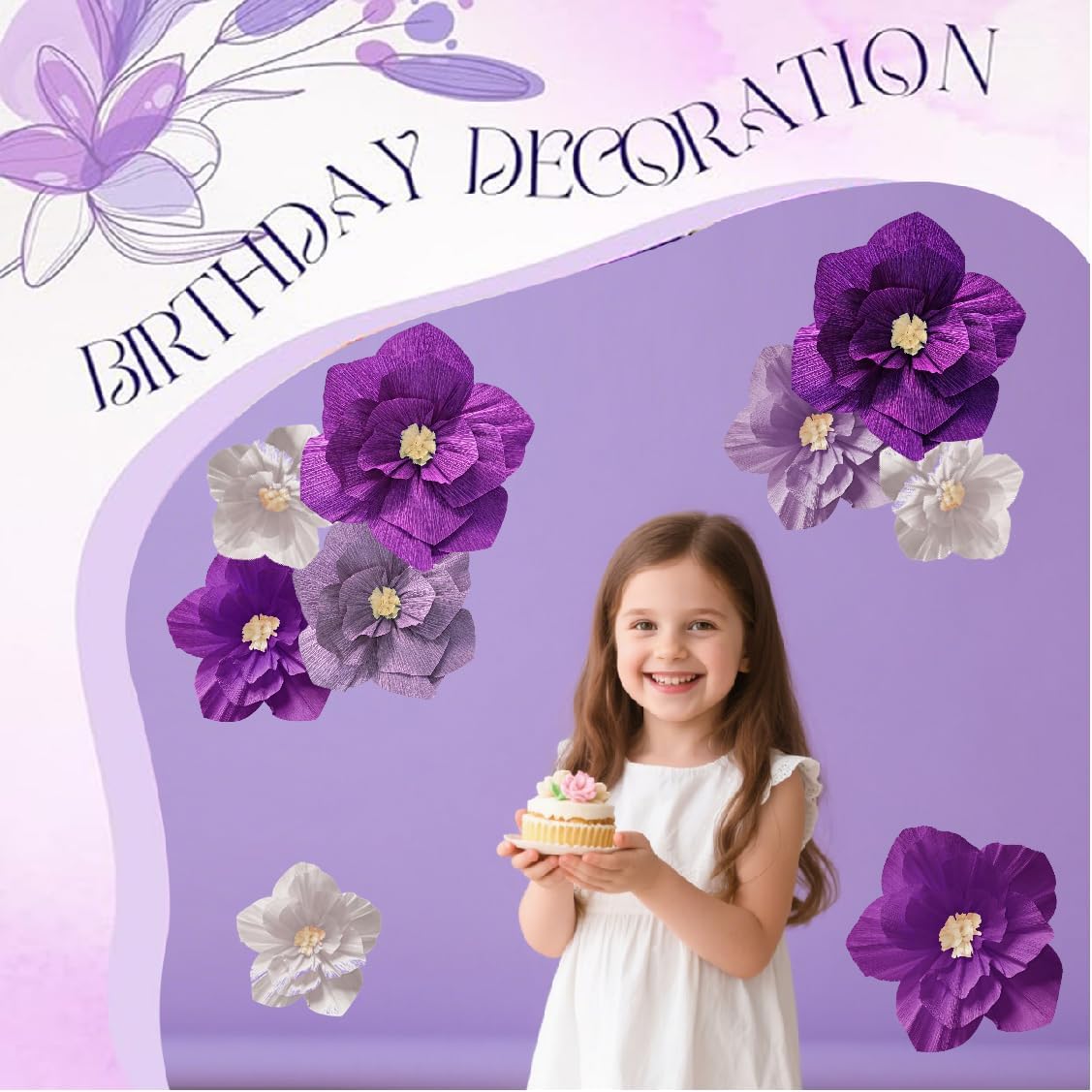 9 PCS Purple Paper Flowers Artificial Crepe Tissue White Wall Décor Wedding Birthday Bridal Baby Shower Classroom Nursery Room Backdrop Centerpieces Party Decorations Supplies (Purple (9PCS))