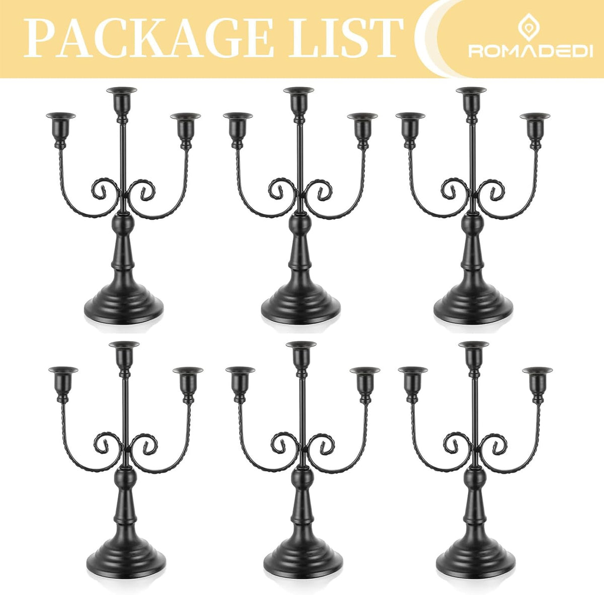Romadedi Halloween Candelabra, Black 3-Arm Candle Holders Bulk, Set of 6