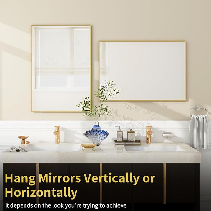 BEAUTYPEAK Gold Bathroom Wall Mirror - 24" x 36" Rectangular Mirror with Metal Frame, Hangs Horizontal or Vertical for Living Room Bedroom Bathroom Entryway