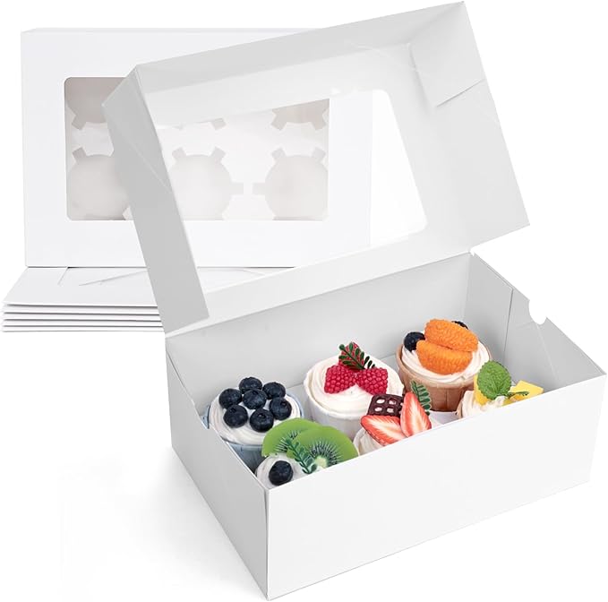 HANSGO 6 Count Cupcake Boxes,6PCS Cupcake Containers with Window White Pastry Boxes for Muffins Pastry Strawberry, Party Supplies 9.5x6.3x3.5 Inch