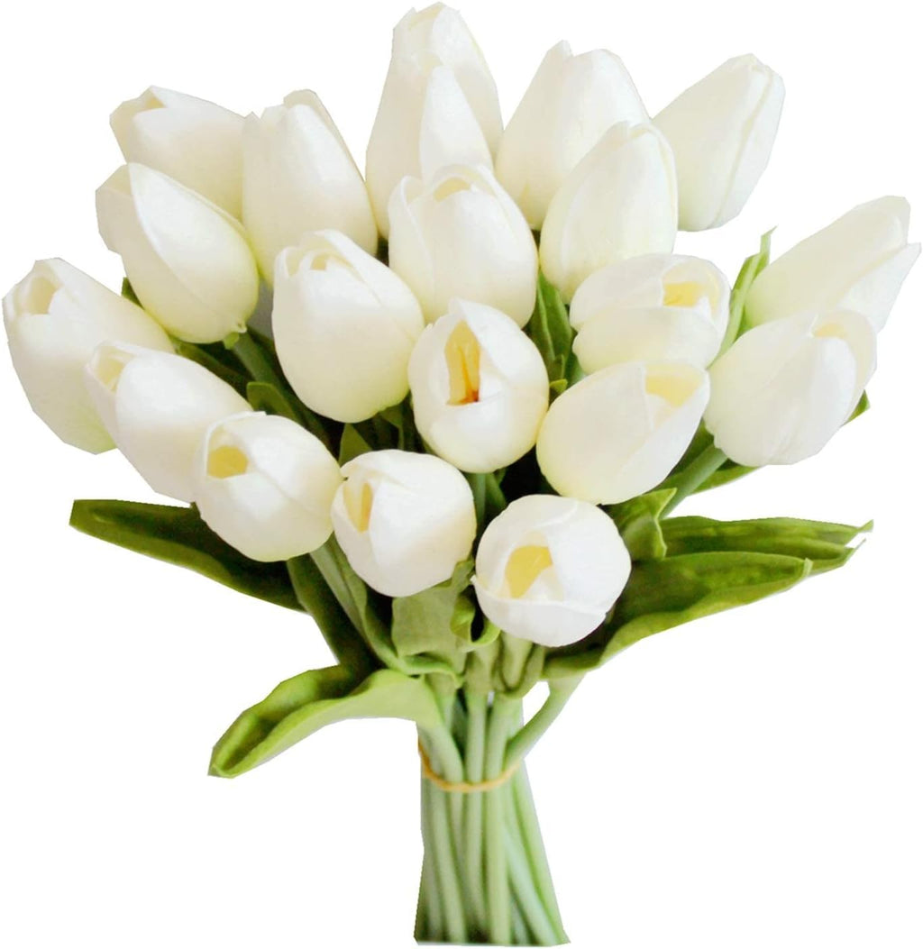 Mandy's 20pcs Artificial White Tulips | 13.5 Inch Lifelike PU Tulips Faux Floral Arrangement for Kitchen Island Dining Table Centerpieces and Home Decor
