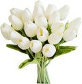 Mandy's 20pcs Artificial White Tulips | 13.5 Inch Lifelike PU Tulips Faux Floral Arrangement for Kitchen Island Dining Table Centerpieces and Home Decor