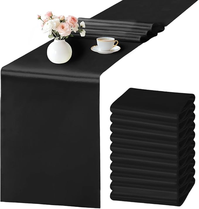 SHEJIZE 10 Pack Black Satin Table Runner 12x108 Inches Long, Bright Silky Smooth Satin Table Runner Table Decor for Wedding Banquet Christmas Prom Event Birthday Party