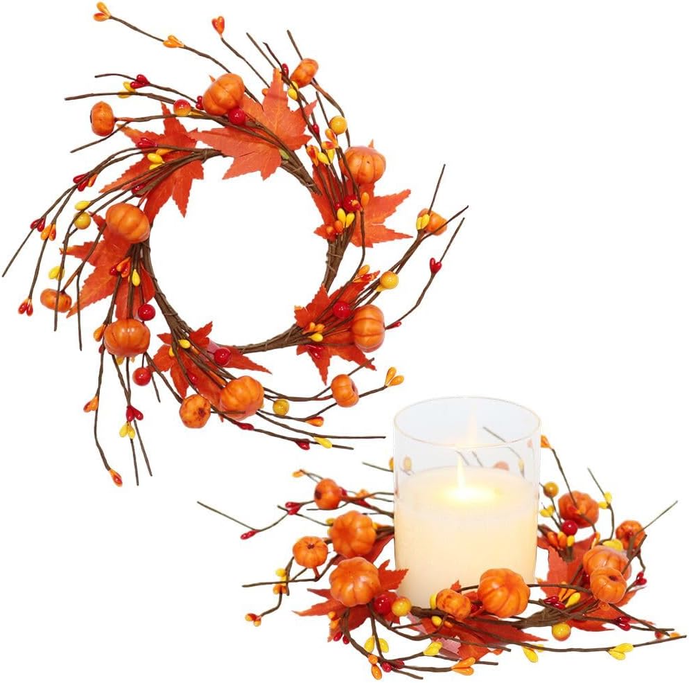 2 Pieces Pumpkins Maple Leaves Candle Rings Wreaths with Pip Berry Fall Candle Rings Thanksgiving Day Ring Holder Mini Autumn Artificial for Wedding,Door Tabletop Decoration (Orange)
