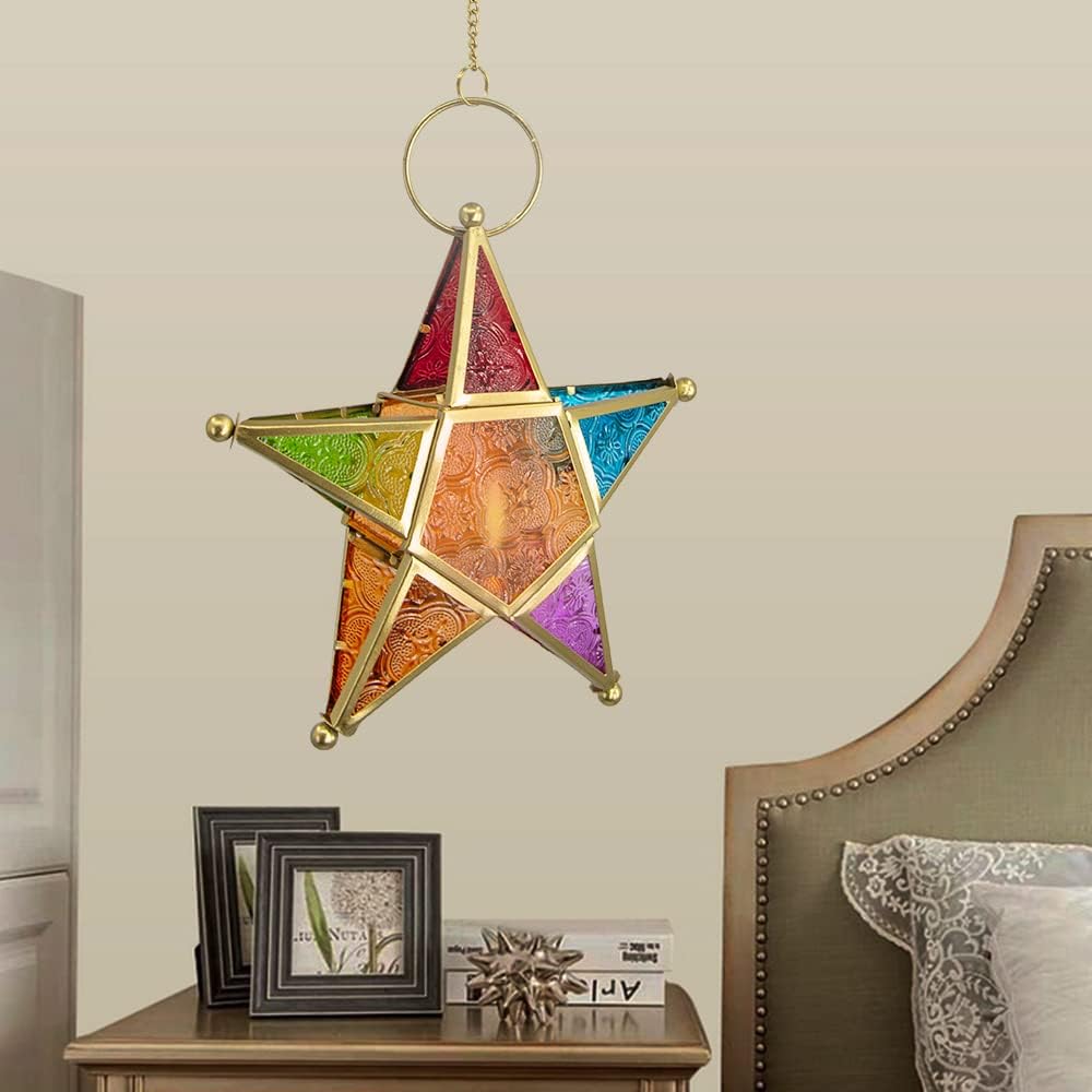 Modern Morocco Metal Art Candle Holders, Star Colorful Glass Christmas Holiday Home Wall Decor Lantern for Mantel Patio Garden with Hanging Loop