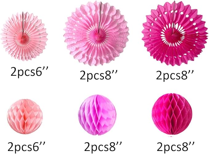 12pcs 6'' 8'' Honeycomb Balls Tissue Paper Fans Party Honeycomb Ball Fans Wall Decorations Tissue Pom Poms Flower Balls Hanging Paper Fans for Party Baby Shower Birthday Wedding Nursery (Pink kit)