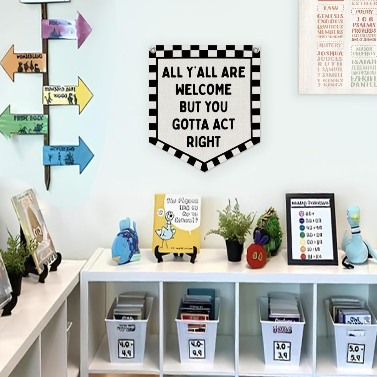 Lacama Checkered Classroom Decor Welcome Sign Banner, | All Y'all Are Welcome But You Gotta Act Right Banner for Boys Girls Room Playroom Bedroom College Dorm Car Room Decor